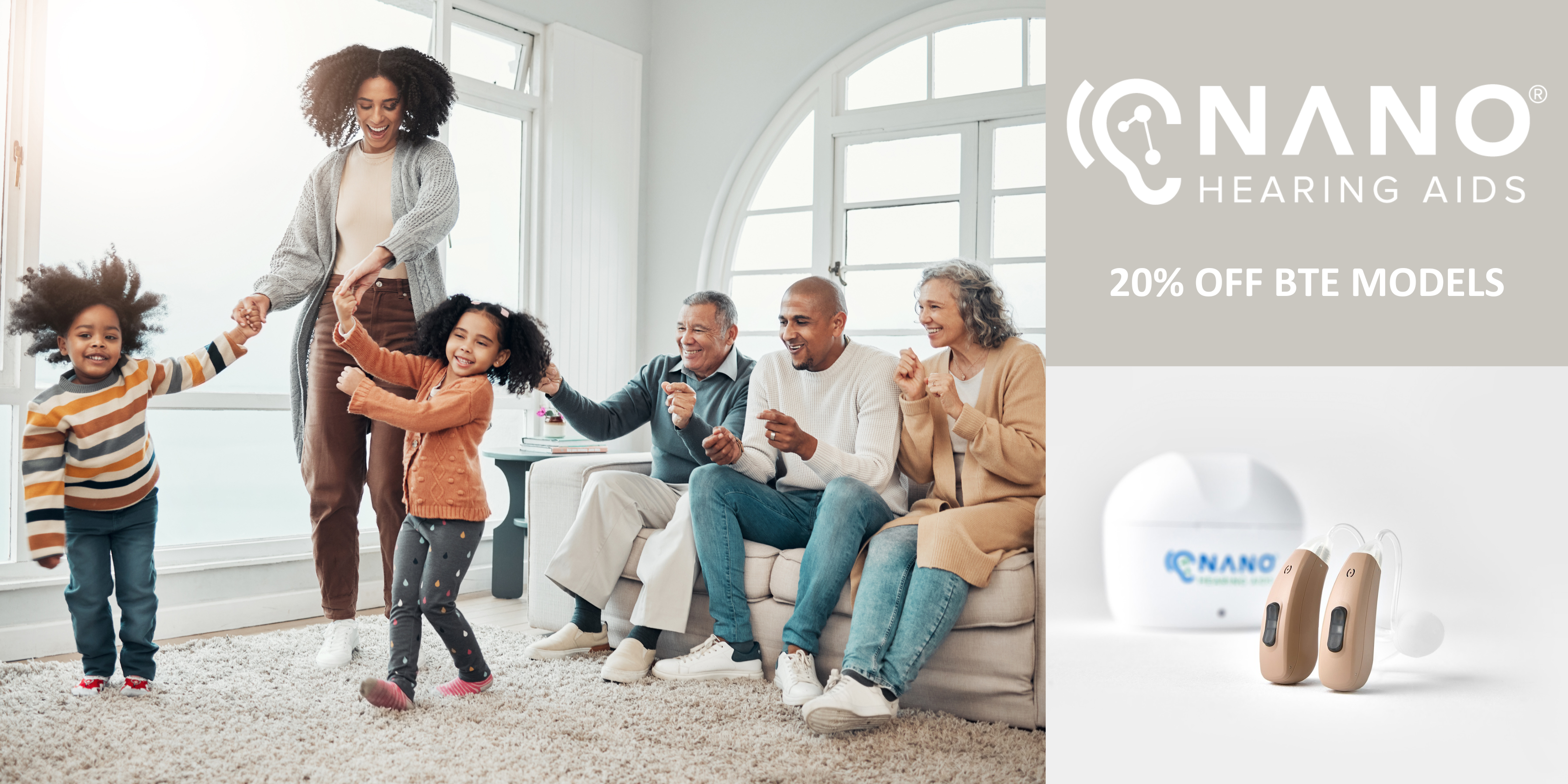 Nano's President's Day Promotion—20% Off First Ear Pro and Plus BTE Models - Family Laughing Together