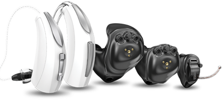 Starkey hearing aids in various designs.