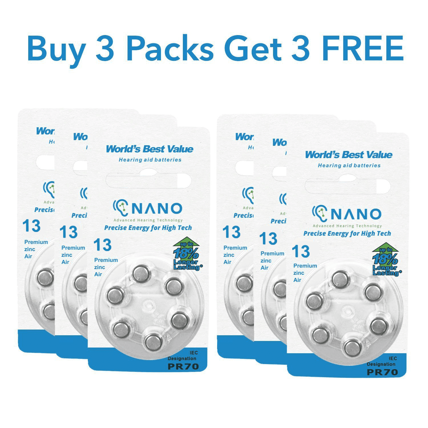 Buy 3 Packs Get 3 FREE! 6 Month Supply - Nano Batteries Premium 10a Zinc Air Hearing Aid Batteries